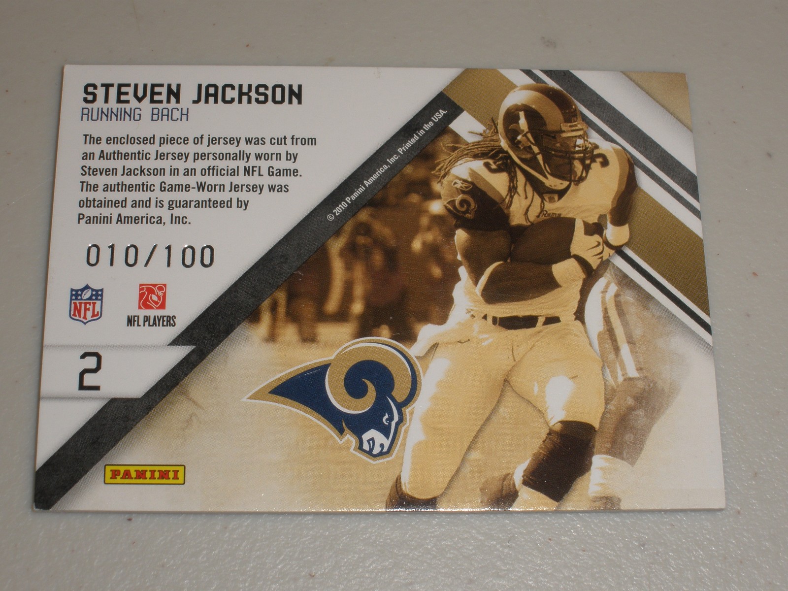2010 Panini Certified Gold Team Game Used Jersey #2 Steven Jackson 010/100 view 2