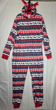Pajama Suit XL Mens Red Blue Full Zip Hooded Fleece Reindeer Xmas One Piece
