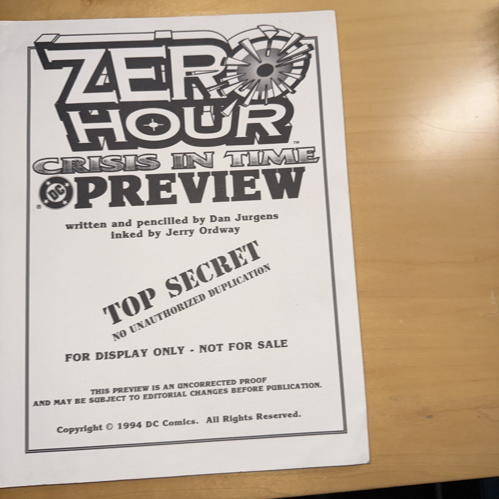 RARE 1994 ZERO HOUR : CRISIS in TIME PREVIEW (NM-) RETAILERS UNCORRECTED PROOF *