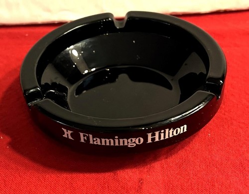 Vintage Black Glass Ashtray Flamingo Hilton Hotel Las Vegas ? 4.5" Diameter - Picture 2 of 5