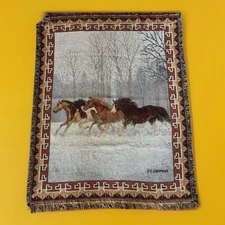 Horses Stampede Winter Scene Throw Blanket 58x43” Afghan Tapestry C. Cummngs