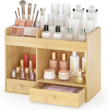 Large Makeup Organizer with Drawers, Bamboo Countertop Cosmetic Storage for Dres