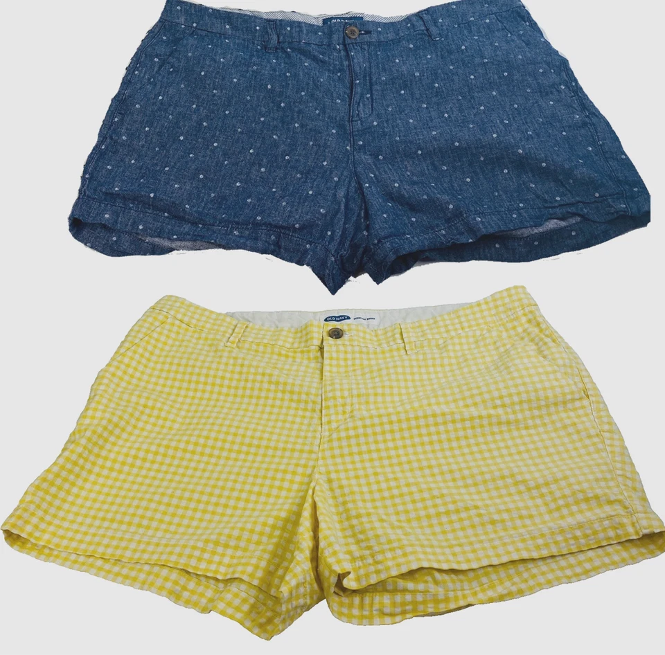 LOT 2 Old Navy Women Shorts 16 Blue Chambray Everyday Polka Dot & Yellow Gingham - Image 2 of 2