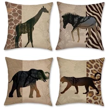 African Animals Leopard Throw Pillow Covers 18 x 18 Inch Set of 4 Giraffe Ele...