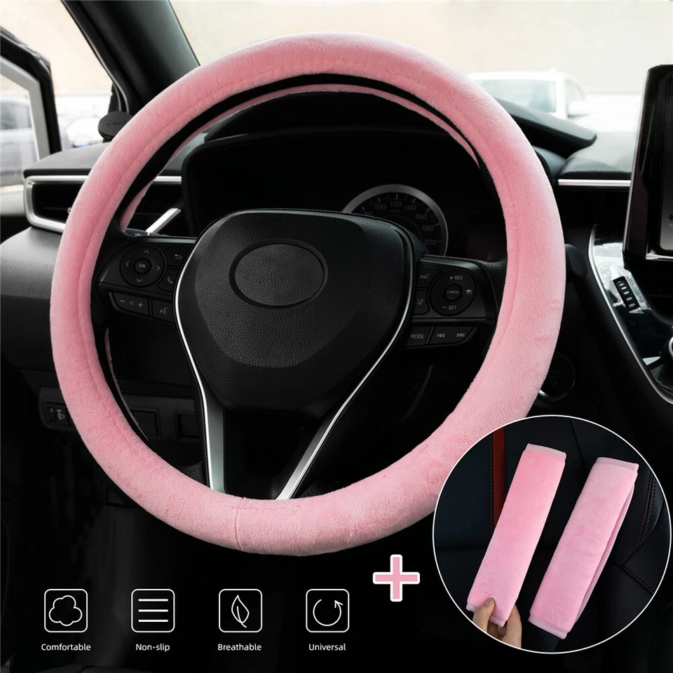 Cubierta de volante difusa de felpa gris antideslizante cinturón de seguridad almohadilla para el hombro ROSA coche Foto 2 de 4