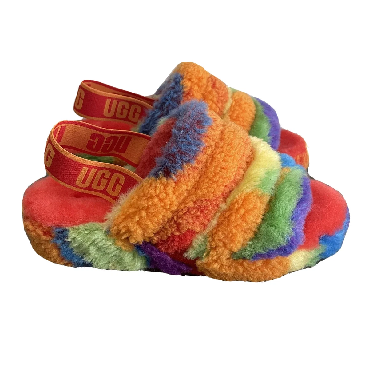 UGG Fluff Yeah Slides Cali Collage Multi Rainbow Colorful Platform Womens Size 7