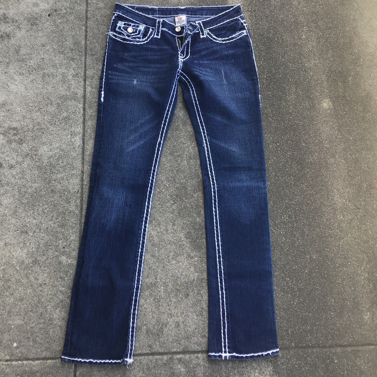 True Religion Womans Boot Cut Blue Jeans White Stitch Sz 28 (30