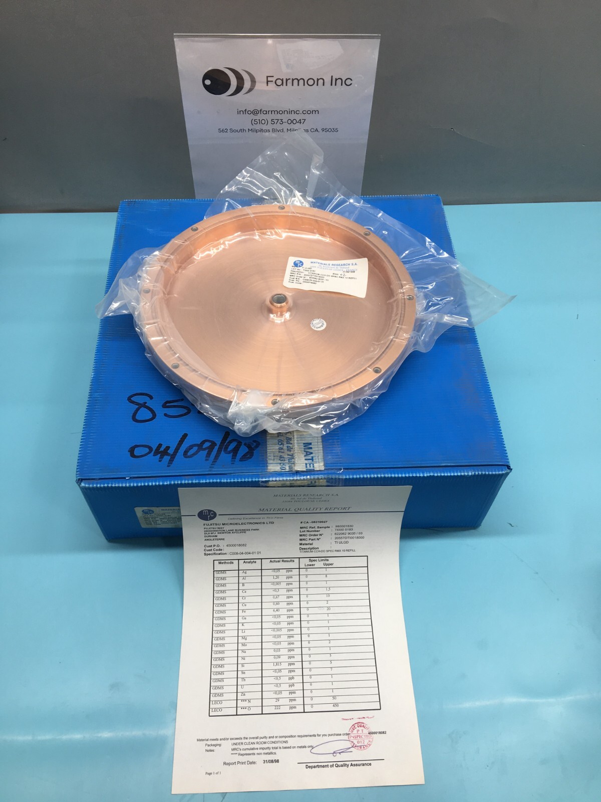 MRC MATERIAL RESEARCH CORPORATION 20557DTI0018000 TITANIUM CCHDO SPEC