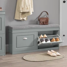 Grey Storage Shoe Bench with 2 Flip Drawers & Padded Seat Cushion, Enterway B...