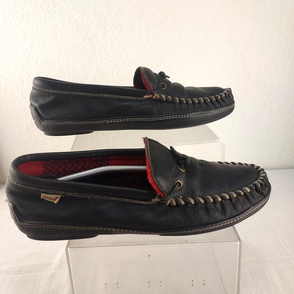 LB Evans Men 11 ATLIN Leather Moccasin Flannel Lined House Slippers Read - Image 2 of 4