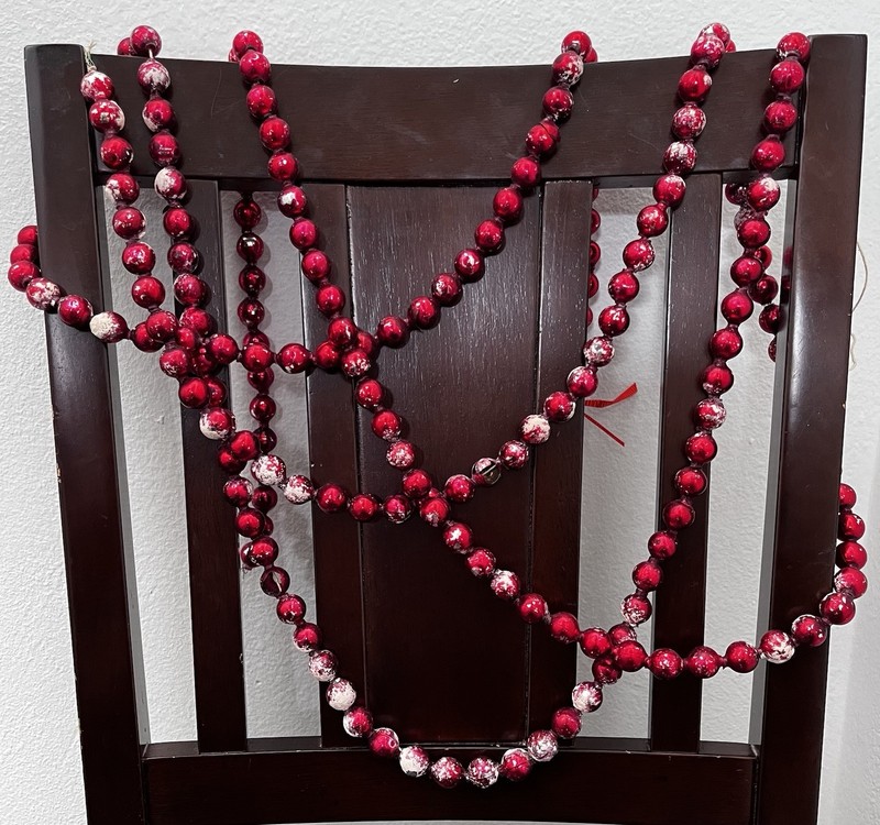 Large 1/2" Mercury Glass Beads Red Christmas Garland Vintage 10' Snow Flocked B