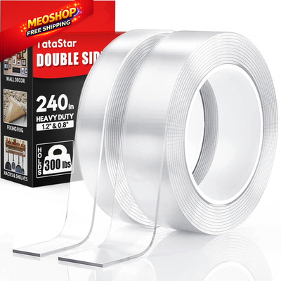 2 Rolls Double Sided Tape 10ft x 1.2inch + x 0.8inch, Crystal Clear 