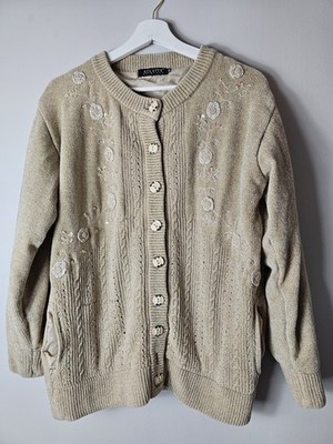 Vintage Kol'ette Original Chenille Cable Knit Cardigan Pearl Sequin Lined M/L