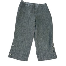 Chicos Grey 100 Linen Cropped Pants Button Hem Elastic Back Womens Size 3 US 16