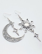 Celestial Jewelry Silver Moon Sun Star Mismatch Asymmetric Dangle Earrings