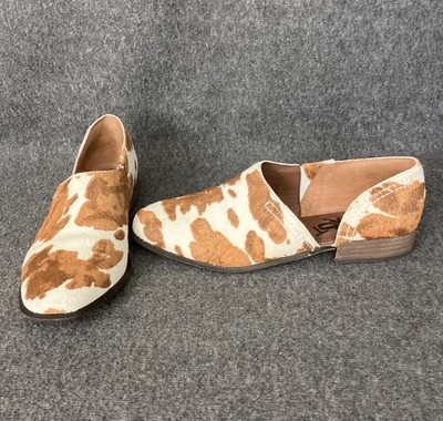 OTBT Coyote Shoes Womens 8 Brown White Cow Hair Slip On Open Loafer Fur Leather