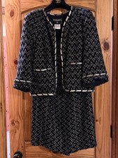 CHANEL Tweed Black  White/Silver Suit Jacket Skirt Size 40