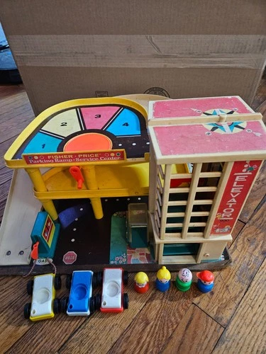 Vintage Fisher Price Little People Garage with cars and people 1970's