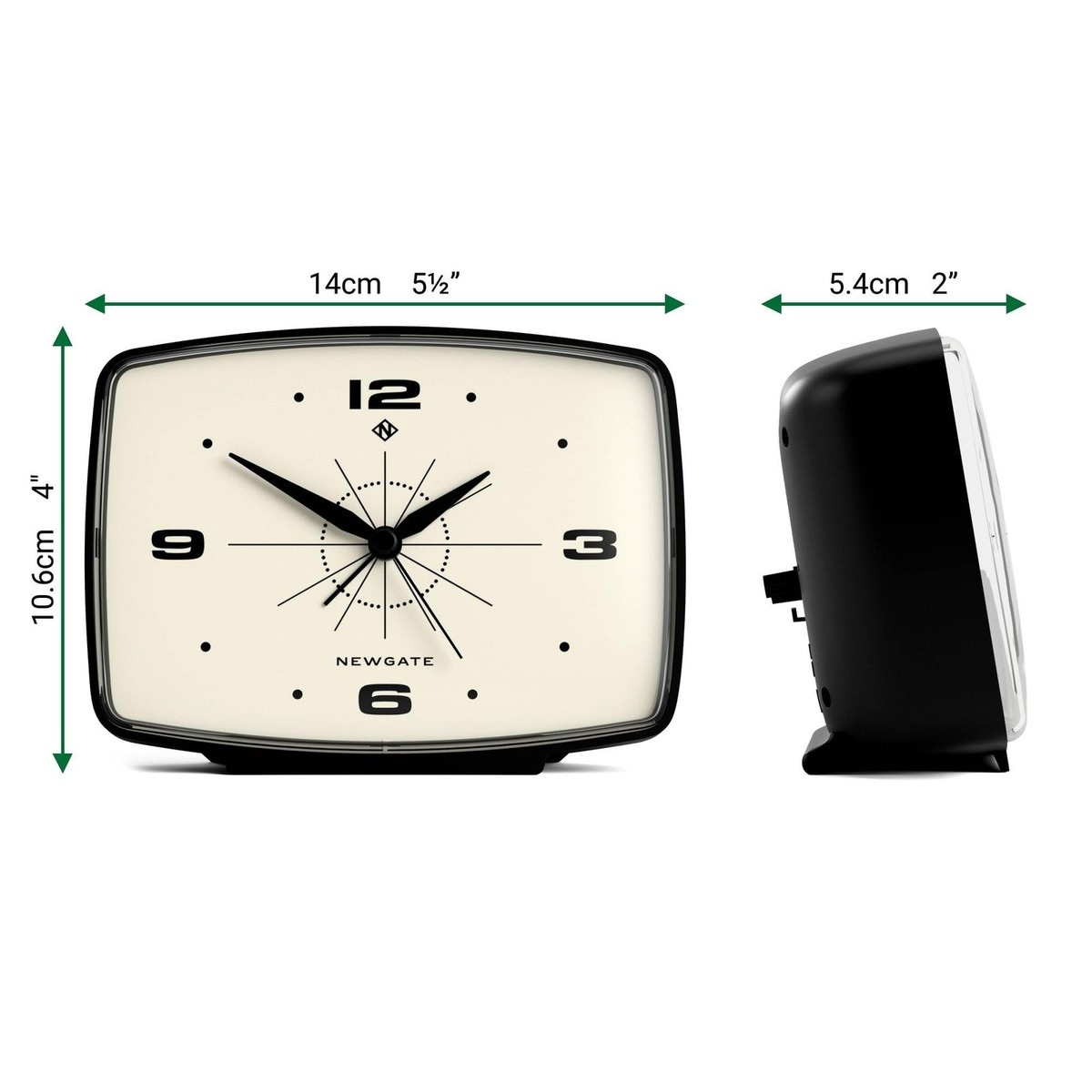 Brooklyn Retro Alarm Clock Rectangular Matt Black Silent Sweep