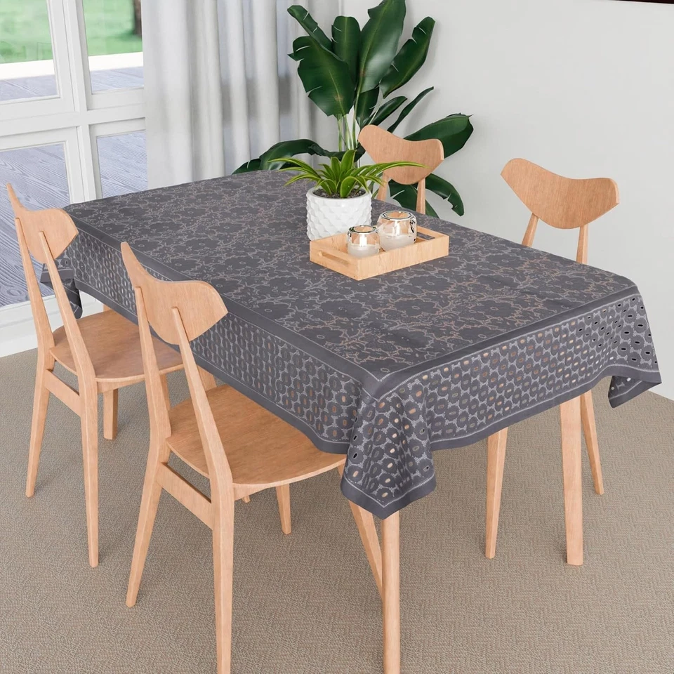 4 seater Net Table Cover Tablecloth Self Flower Valley Design 45x70 Inch Gray - Image 3 of 4