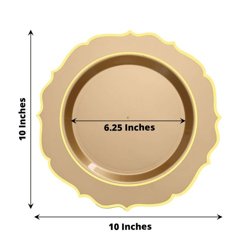 10 GOLD 10.5" Round Plastic Dinner Plates GOLD Scalloped Rim Events Wedding - Bild 6 von 8