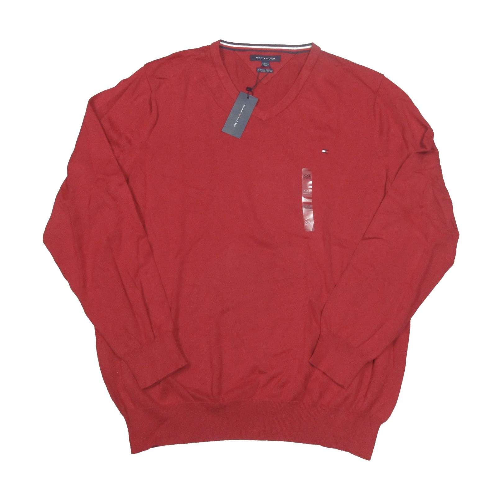 Tommy Hilfiger Men's Red Premium Cotton V-Neck Pullover Sweater (2XL)