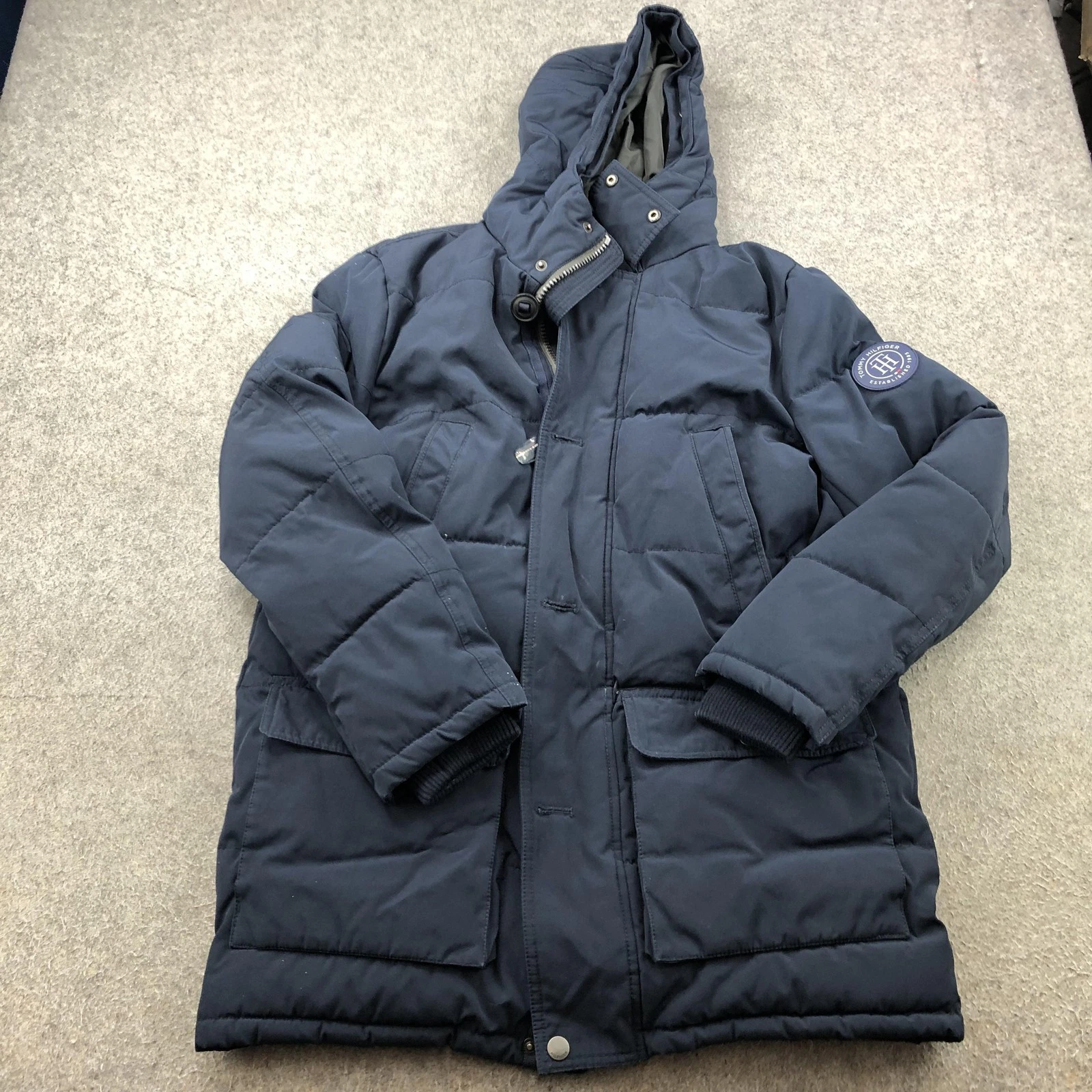 Tommy Hilfiger Coat Mens Medium Blue Hooded Puffer Parka Insulated Zip Winter