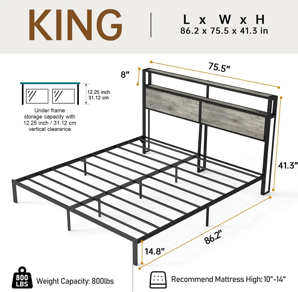 King Size Bed Frame with Charging Storage Headboard, Metal Platform Rustic Grey - Image 3 of 4