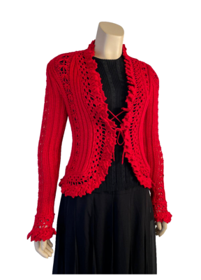 Chanel 04p Red Knit Viscose Crochet Long Sleeves Cardigan Sweater