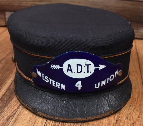 Vintage Western Union ADT American District Telegraph Porcelain Badge Hat Cap