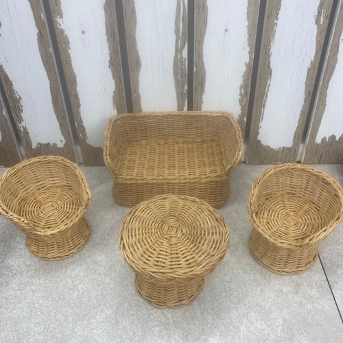 Vintage Wicker Rattan Barbie Doll Patio Furniture Table Chairs Loveseat