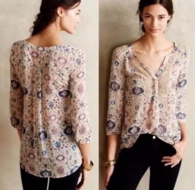 Anthropologie Maeve Floral Paisley Top Lace Viola Blouse Fairycore  4 Small Boho