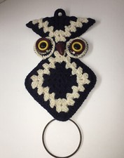 Vintage Crochet Navy White Brown 70s Owl Wall Hanging Towel Holder Boho MCM