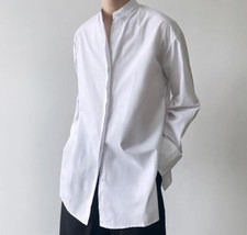 Men's Autumn Fashion Stand Collar Long Sleeve White Loose Shirt Basic Blouses