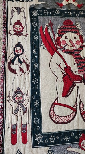 Vintage MWW Snowman Throw Blanket Tapestry Fringe 1993 Sledding Skiing Winter - Picture 5 of 7