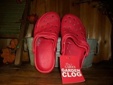 LADIES GARDEN CLOGS SHOES SIZE LARGE RED RUBBER SLIP ON ANKLE STRAP CASUAL HOME