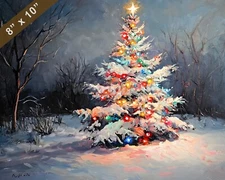 Christmas lights on a snow-covered tree oil painting 8x10 Print