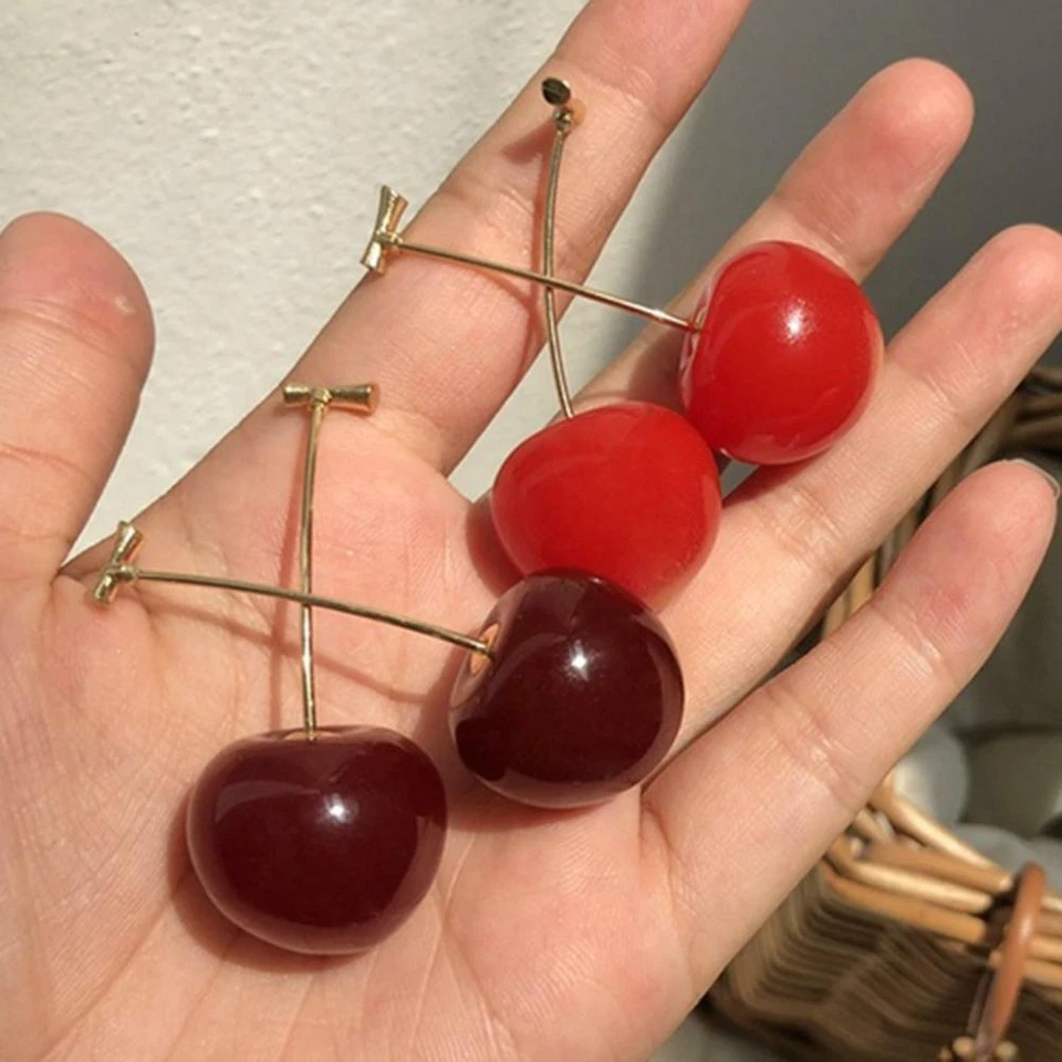Mujeres Resina Lindos Pendientes Redondos Colgantes Rojo Cereza Fruta Joyería Regalo EE. UU. Foto 4 de 4