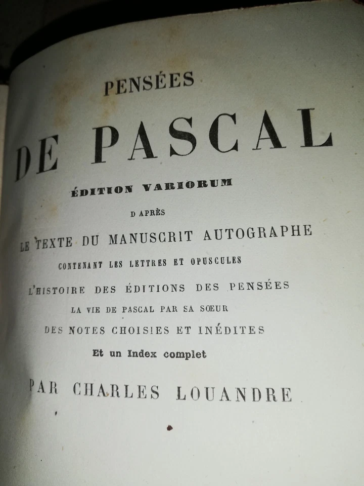 PENSEES DE PASCAL EDITION VARIORUM PAR CHARLES LOUANDRE.1876.CHARPENTIER - Photo 4/4