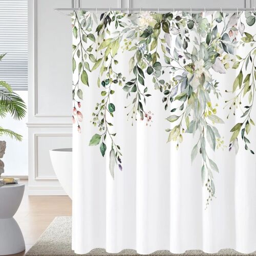 Sage Green Eucalyptus Shower Curtain, Watercolor Plant Leaves with Floral