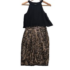 Betsy Adam Women s Sz 4 Black Popover Blouson Bodice GoldSequin Brocade Dress.