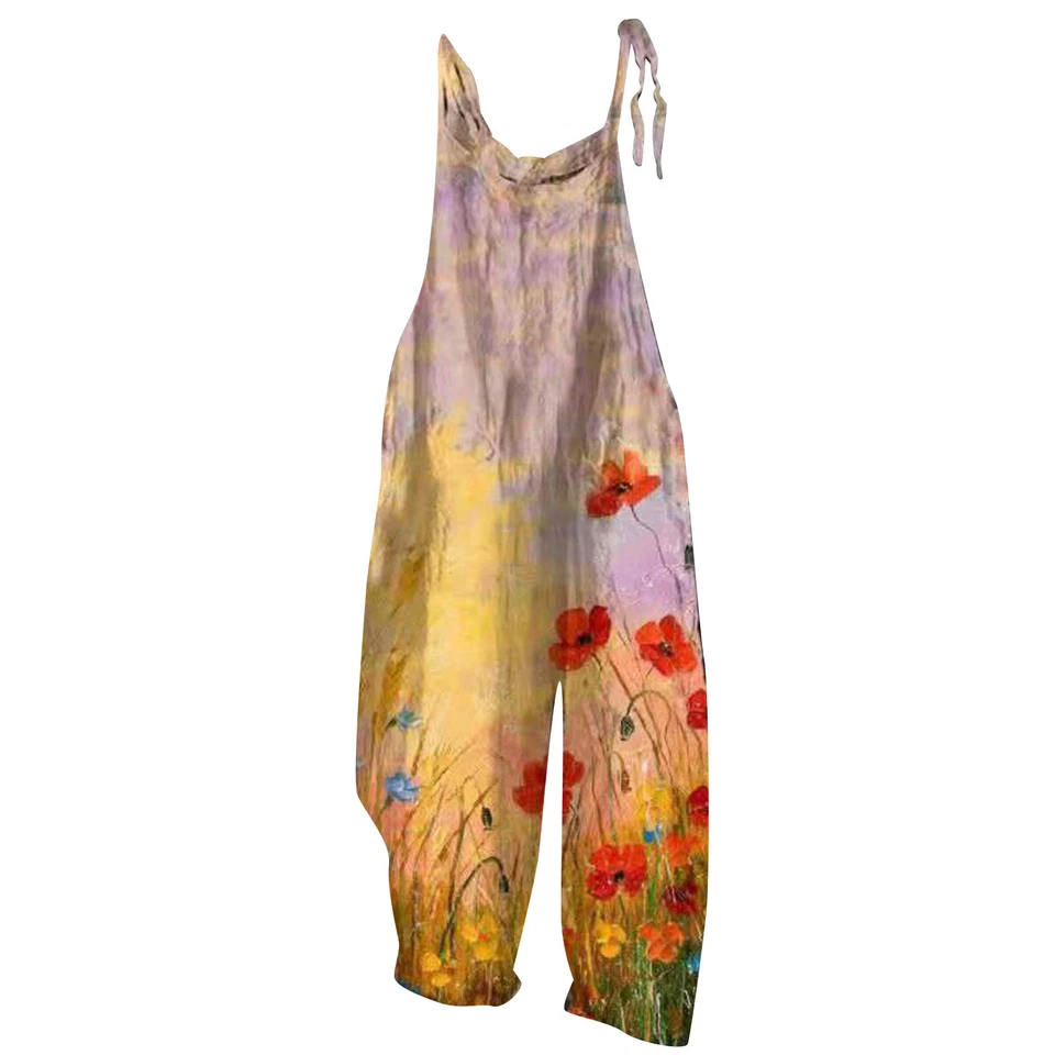 Macacões regata femininos casuais soltos sem mangas gola quadrada perna larga manchada - Imagem 2 de 4