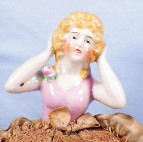 Pin Cushion Doll Porcelain Blonde Hair Orig Pink Dress & Base Half Art Deco - Afbeelding 1 van 7