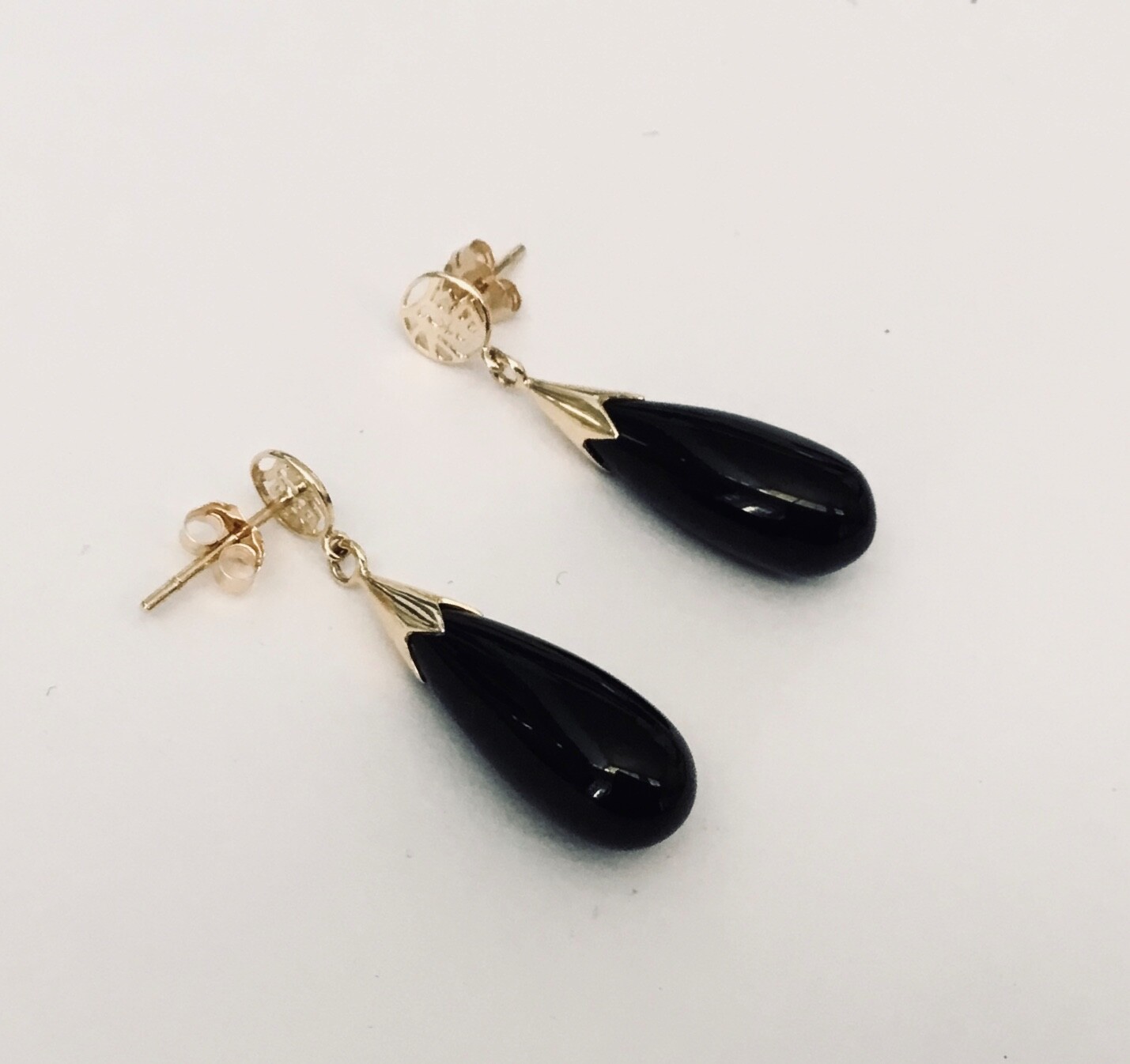 Solid 14K Gold Natural Black Onyx & “ Good Luck “ Character Dangle