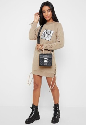 Manire De Voir LACE-UP KNITTED JUMPER DRESS - BEIGE | eBay
