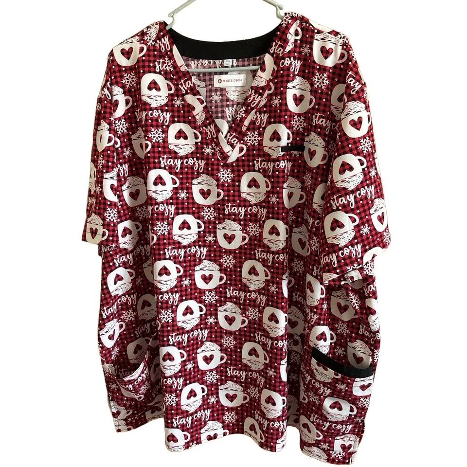 Blusa Médica Cruzada Blanca para Mujer 3XL Roja Blanca Café Cuello en V Dos Bolsillos Vacaciones Foto 3 de 4