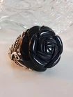 Vintage Black Onyx Carved Rose Flower Statement Ring Size 9 Sterling Silver JOY