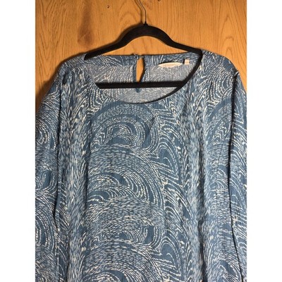 Soft Surroundings Womens 2X Tunic Top Blue White Wave Print 3/4 Sleeve Button