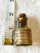 Vintage Glass Miniature Sample Cork Bottle of UNDERWOOD’S TYPEWRITER OIL 1.75”