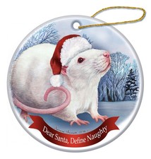 Holiday Pet Gifts Pink-Eyed White Albino Rat Santa Hat Porcelain Ornament